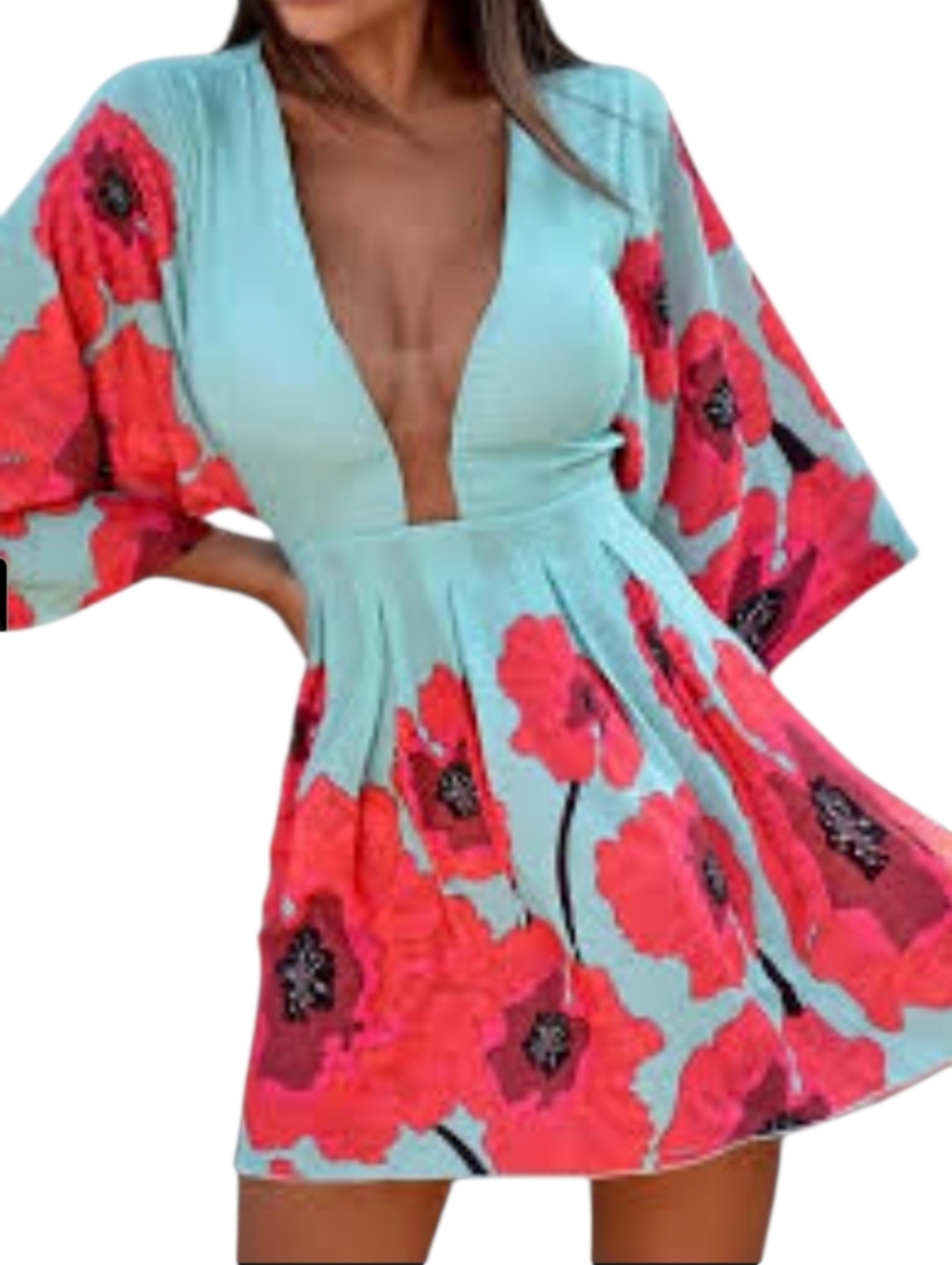 NWOT CBR Sky Blue Poppy Floral‎ Mini Dress Size Small